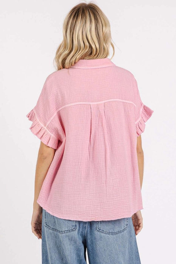 Ruffled Gauze Button Top in Pink (REG)