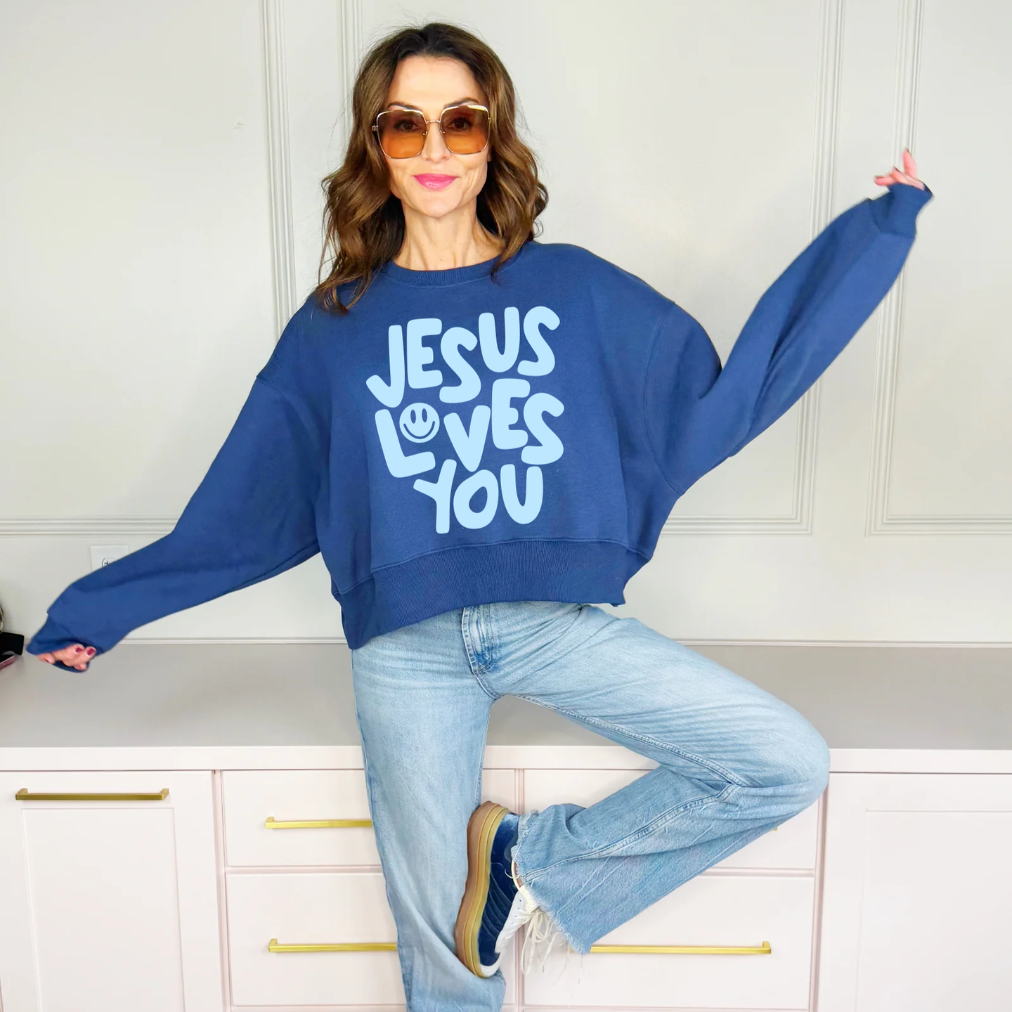 Jesus Loves You Puff Print Crop Sweatshirt (REG)