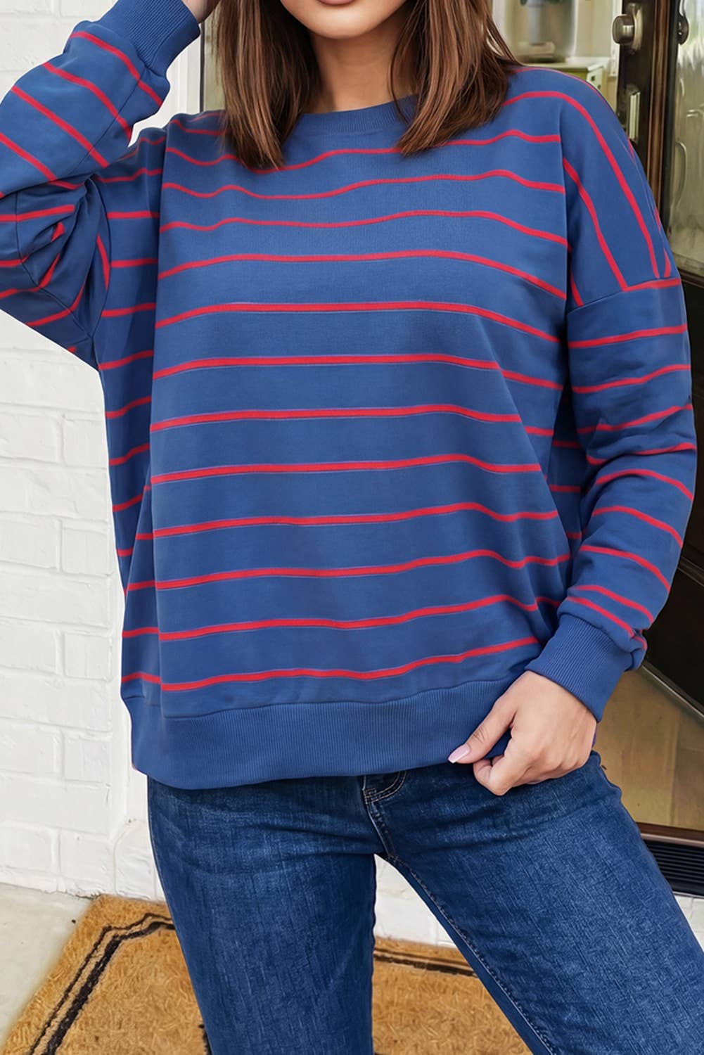 Overlap Back Striped Top in Blue (REG)