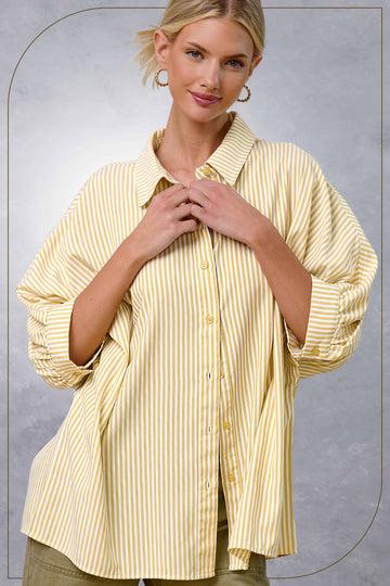 3/4 Sleeve Button Down Striped Shirt in Lemon (REG)