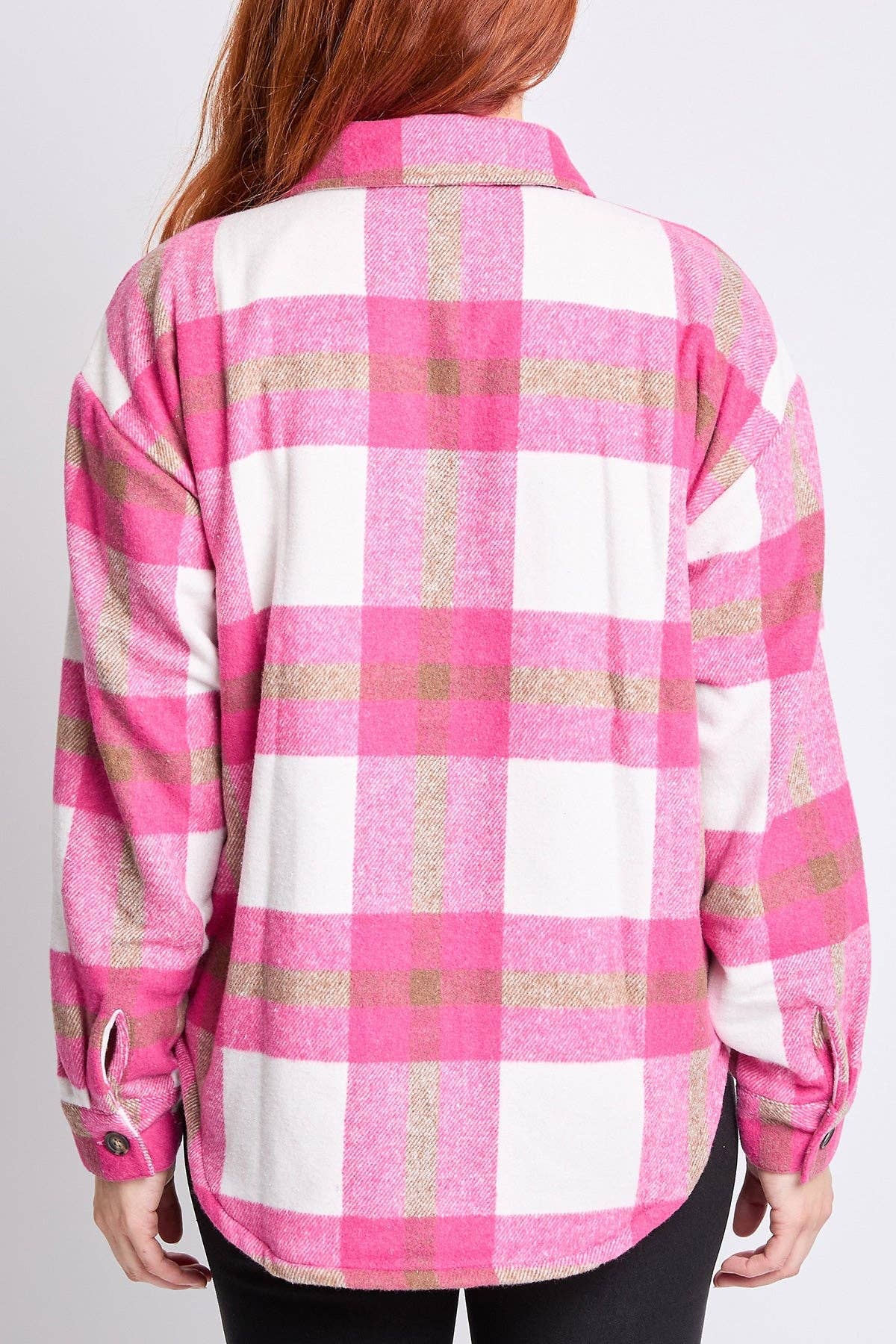 Plaid Flannel Sherpa Shacket in Pink (REG)