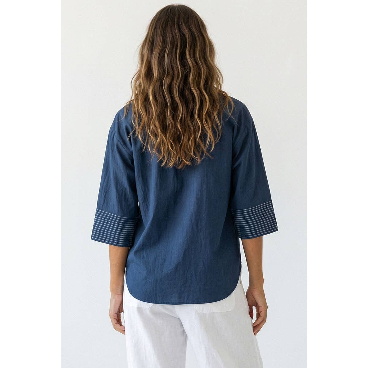 Navy Contrast Stitch Popover Top (REG)