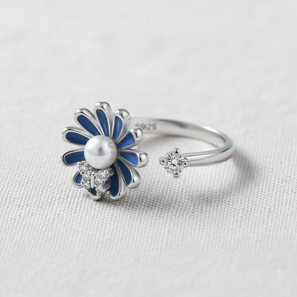 Blue Daisy Pearl Ring