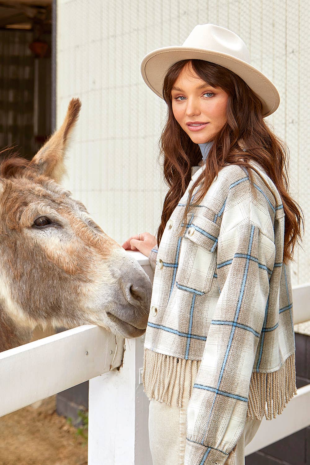 Fringe Plaid Jacket in Almond (REG)