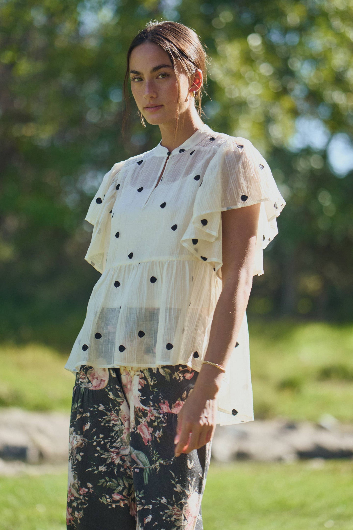 Sheer Polka Dot Babydoll Top in Cream (REG)