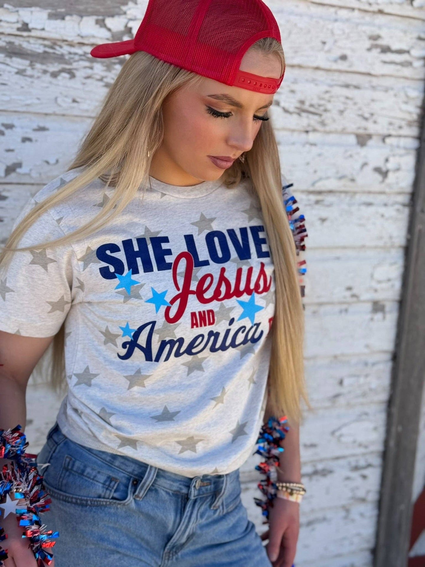 She Loves Jesus & America Too Tee (REG/PLUS)