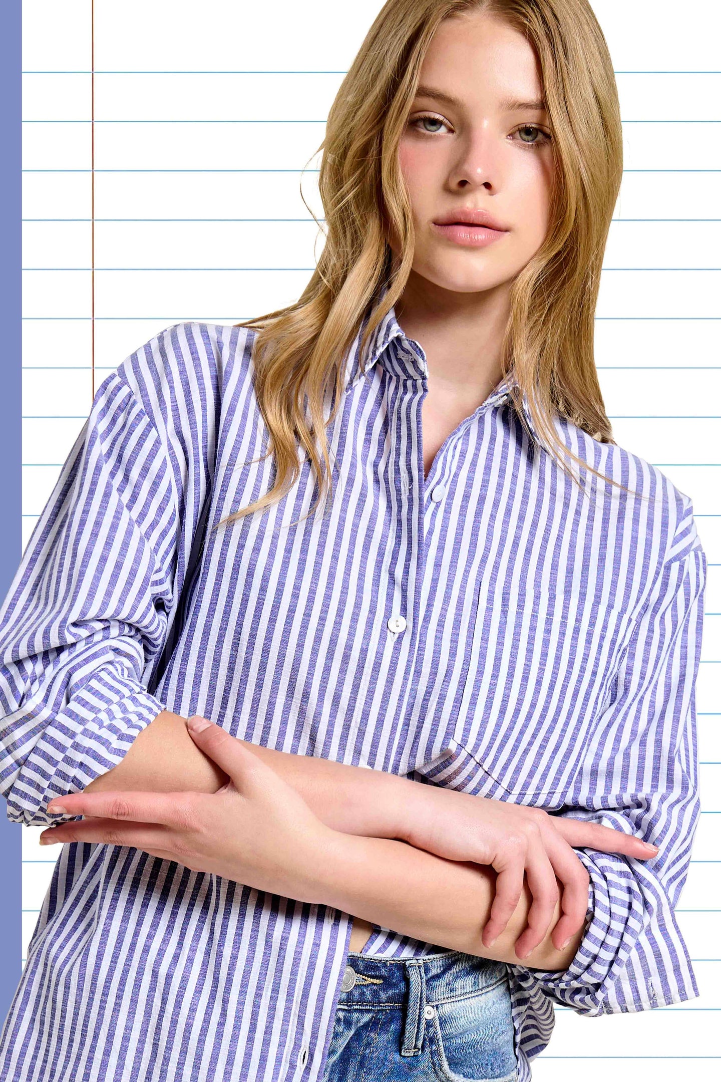 Collared Stripe Button Down Top in Denim (REG)