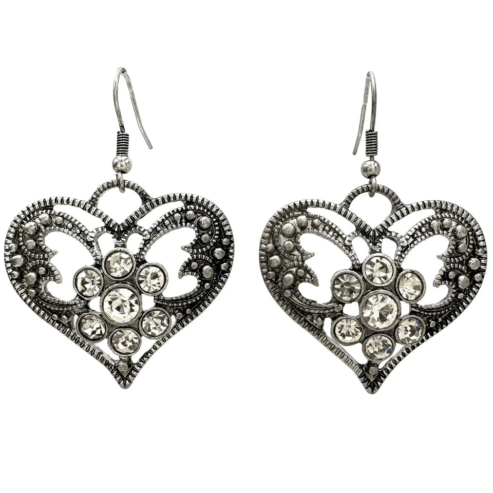 Rhinestone Heart Filigree Earrings