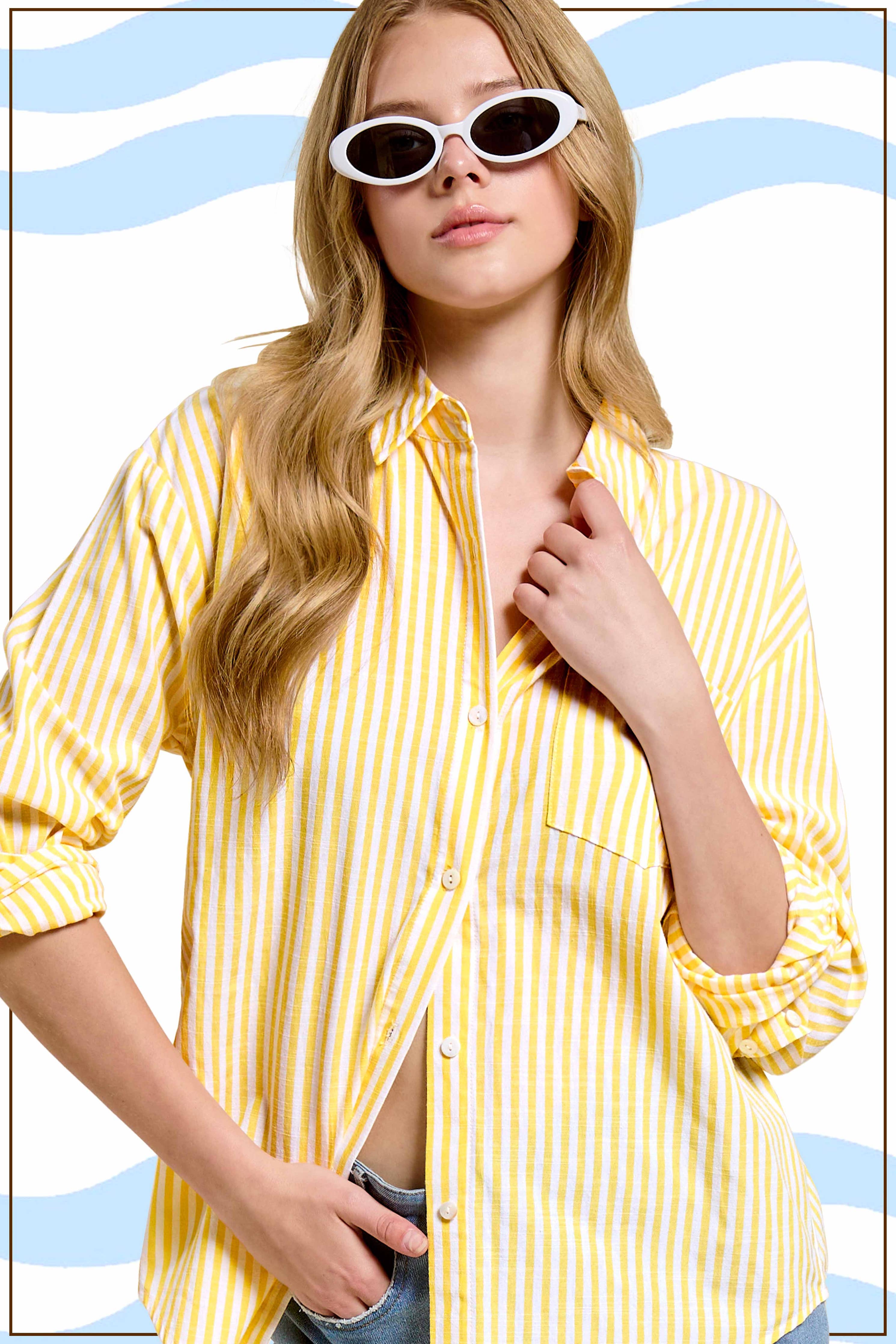 Collared Stripe Button Down Top in Banana (REG)