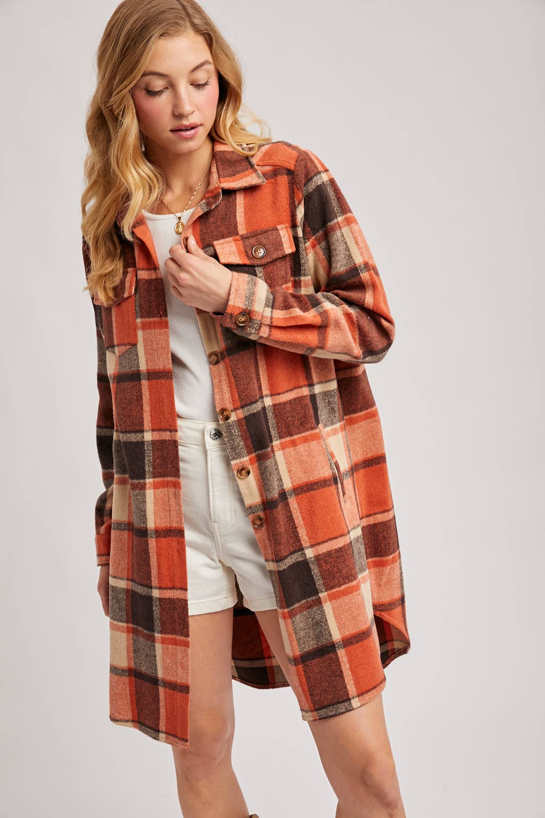 Flannel Plaid Longline Shacket in Rust (REG)