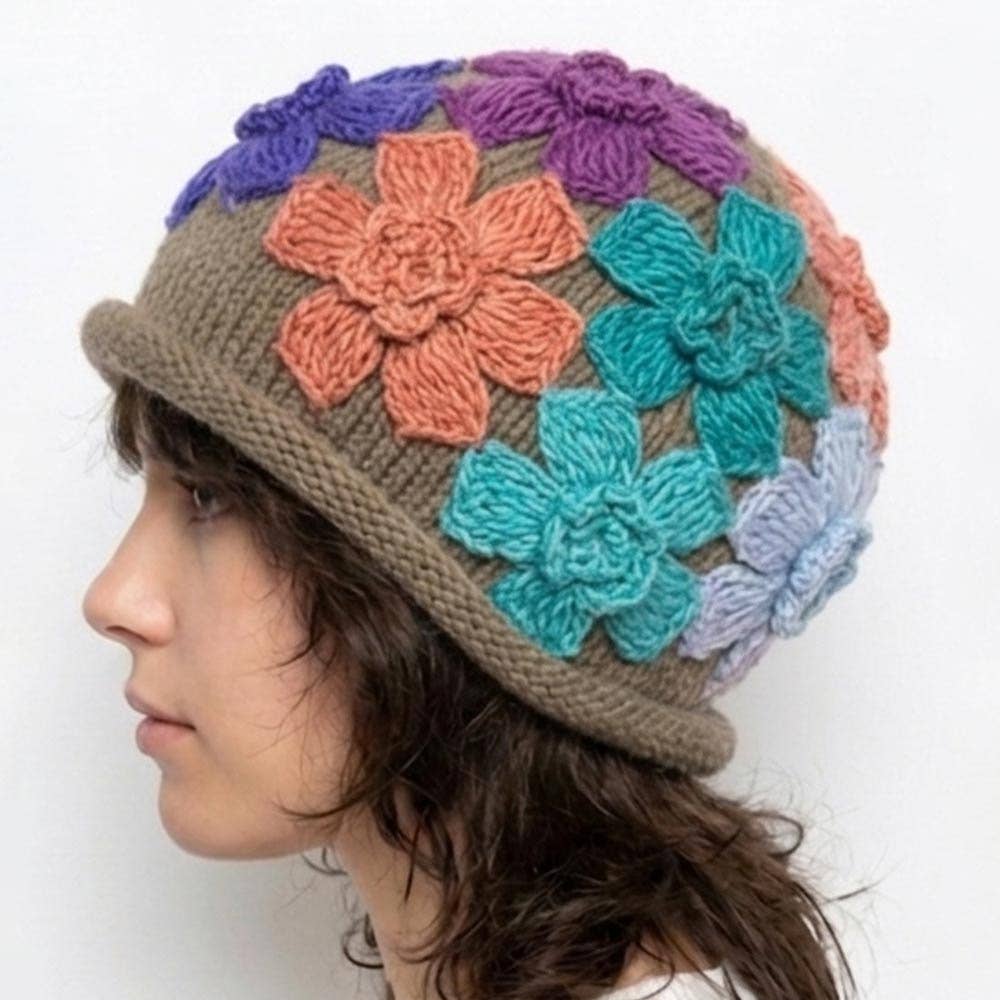 Floral Appliqué Knit Hat