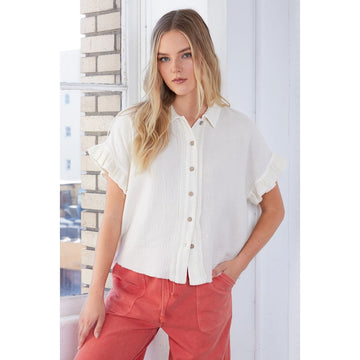 Ruffled Gauze Button Top in Dove (REG)