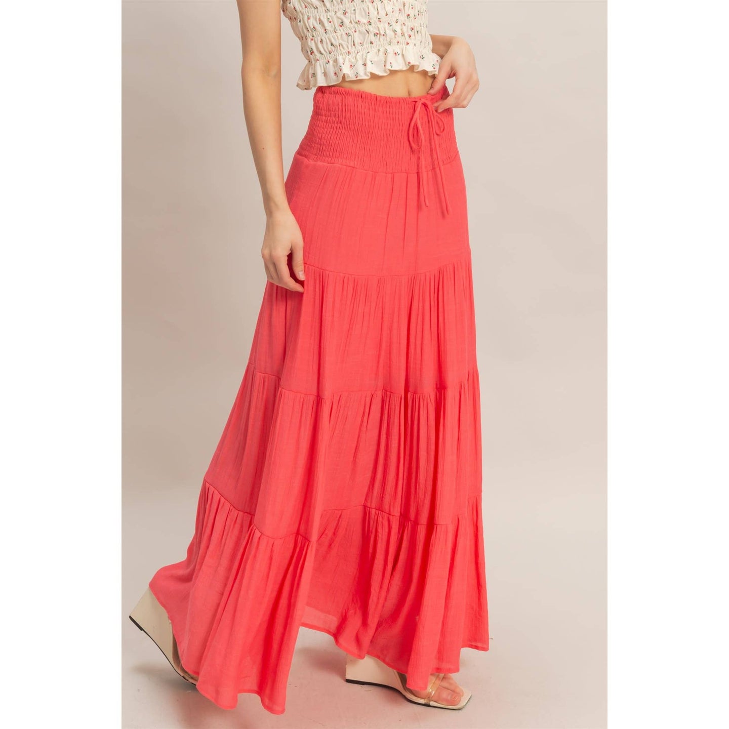 Tiered Drawstring Skirt in Coral Red (REG)