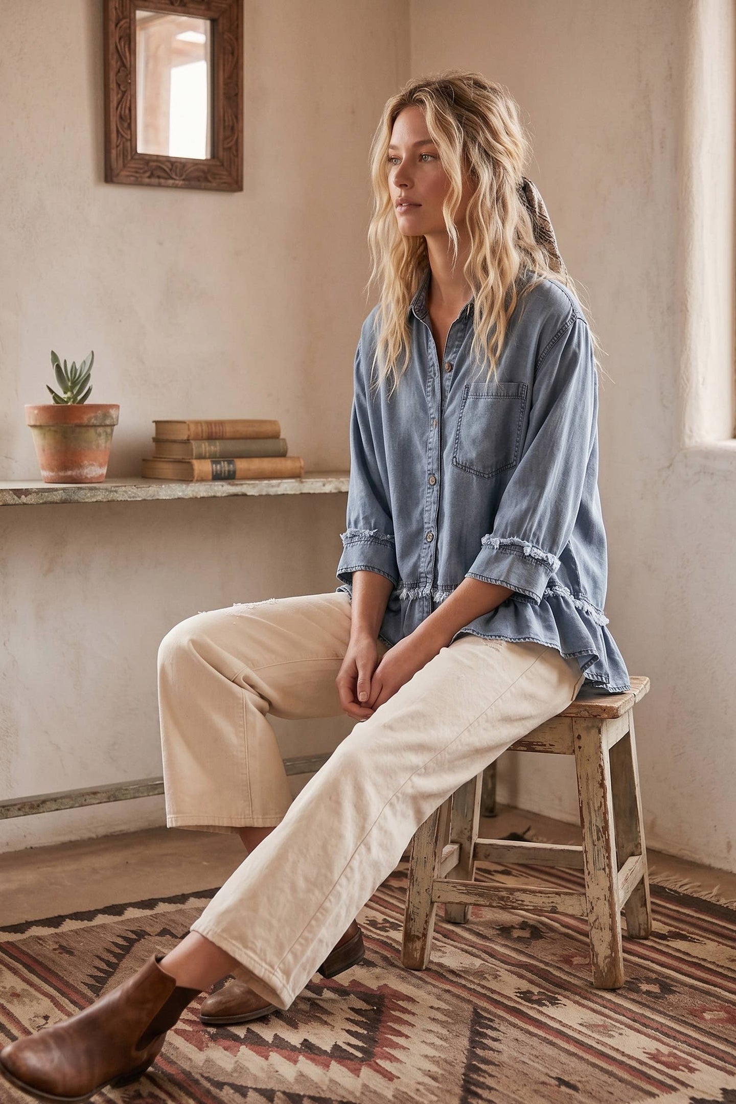 Mineral Wash Ruffle Hem Denim Top (REG)