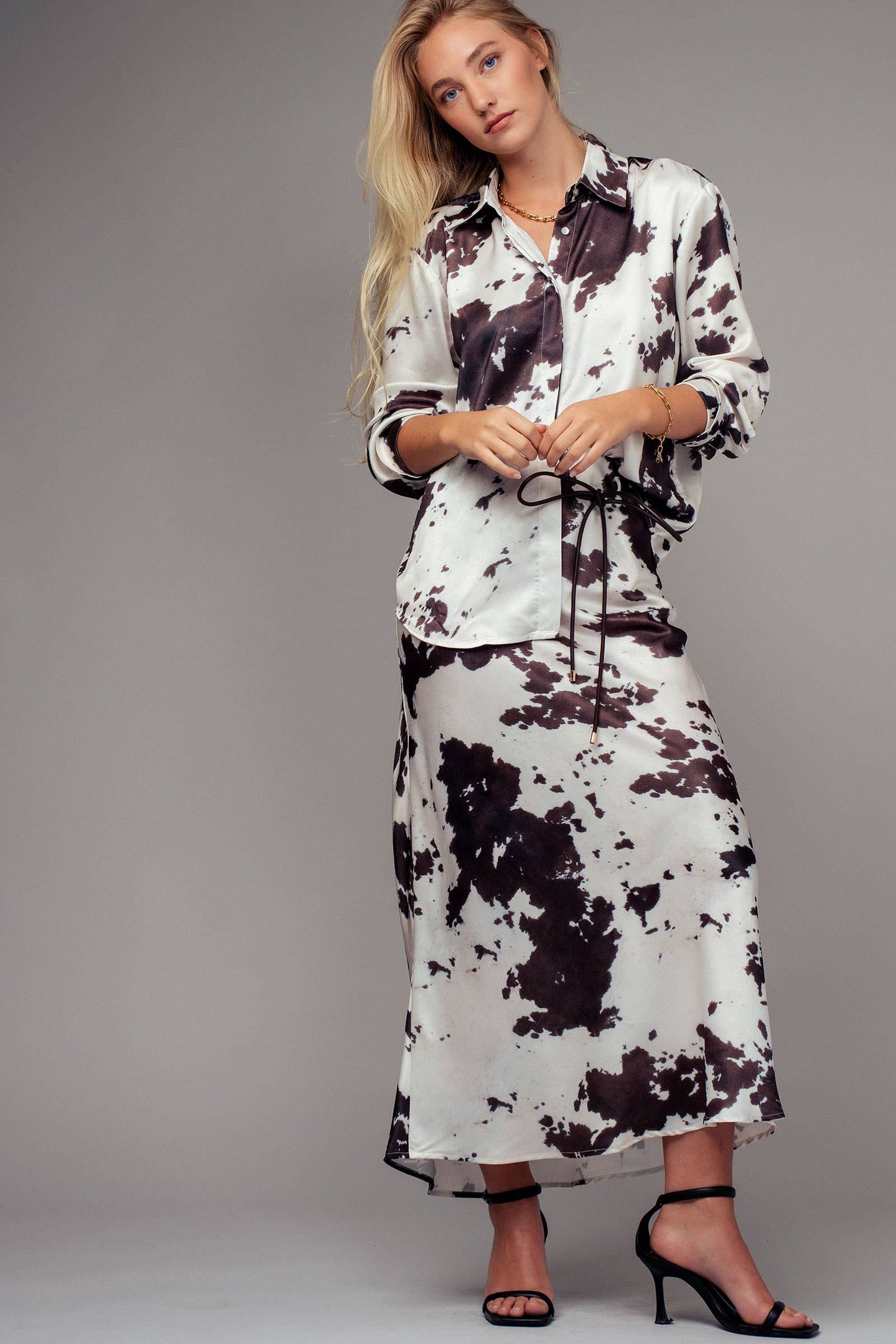 Cow Print Satin Midi Skirt (REG)