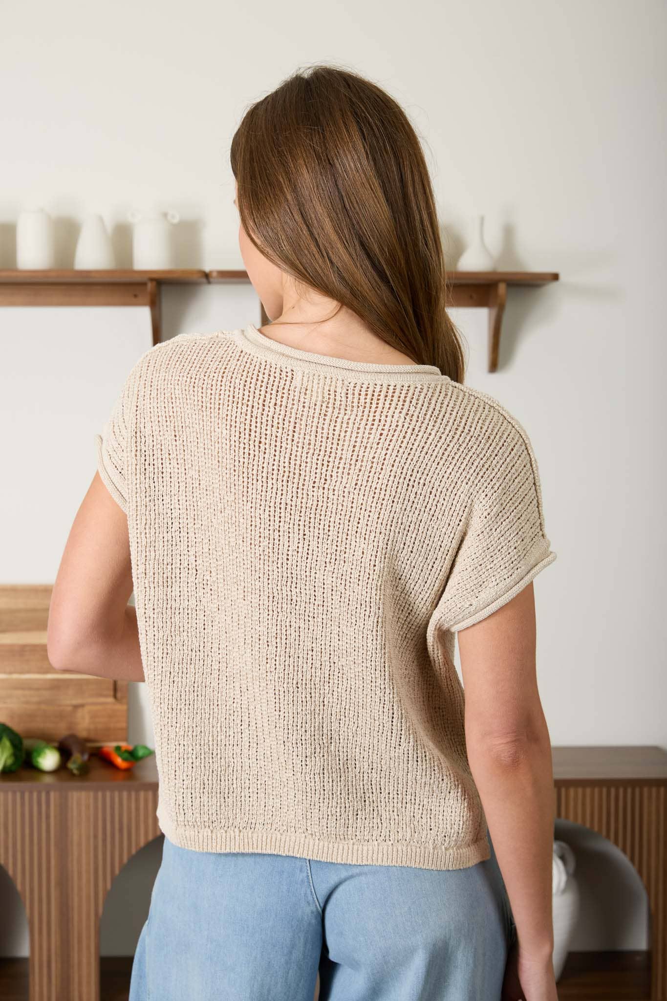 Sheer Knit Split Neck Top in Natural (REG)
