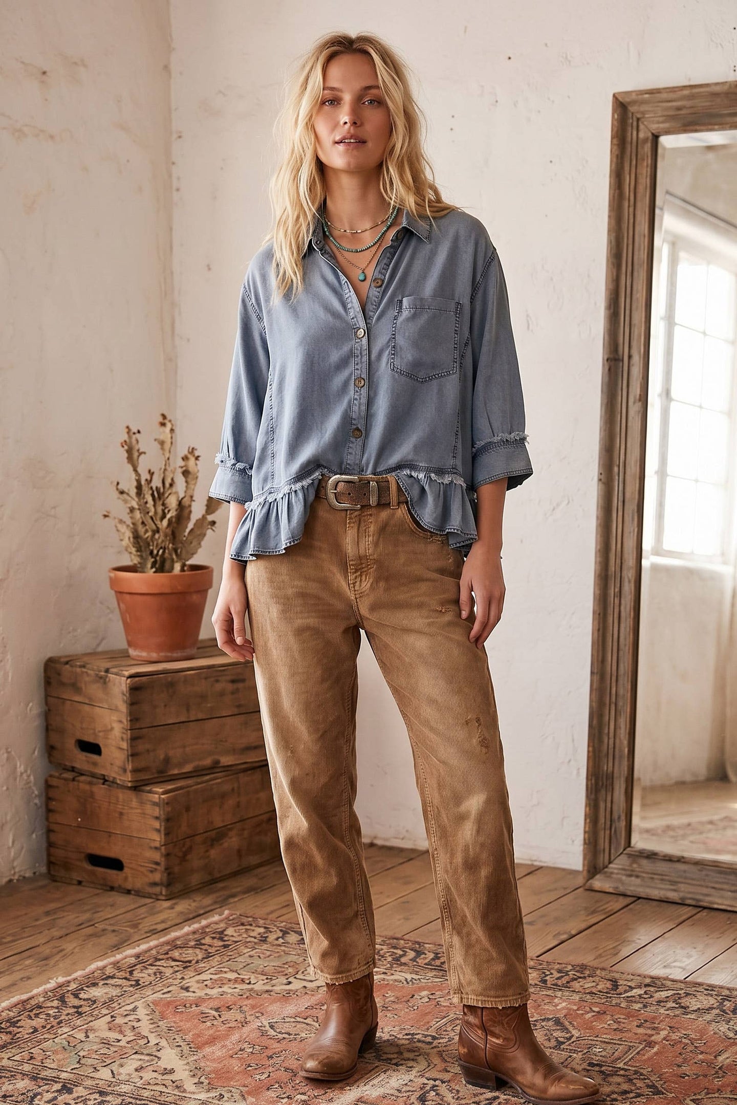 Mineral Wash Ruffle Hem Denim Top (REG)