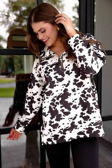 Half Zip Cow Print Pullover Top