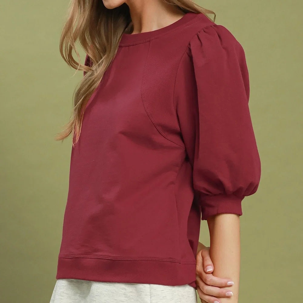 Puff Sleeve Sweatshirt Top in Wine (REG)