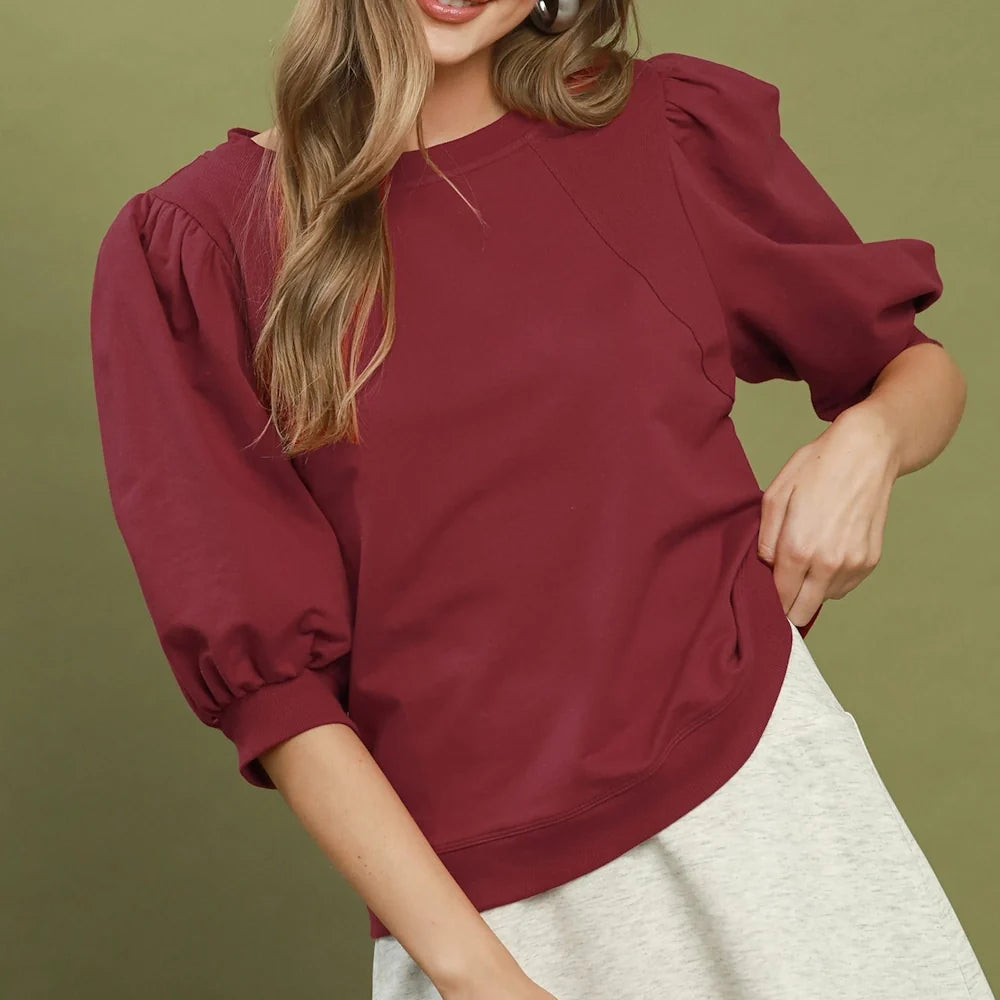 Puff Sleeve Sweatshirt Top in Wine (REG)